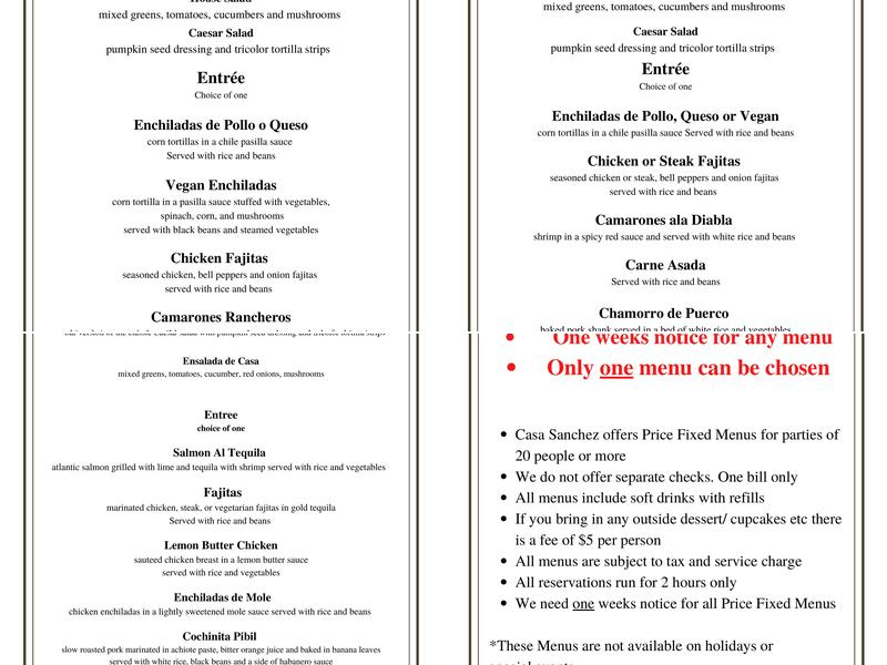 Casa Sanchez Menu