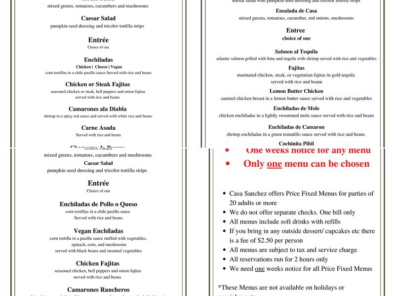 Casa Sanchez Menu