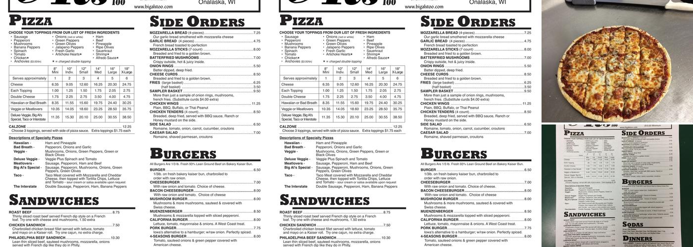 Big Al's Too Pizza Menu