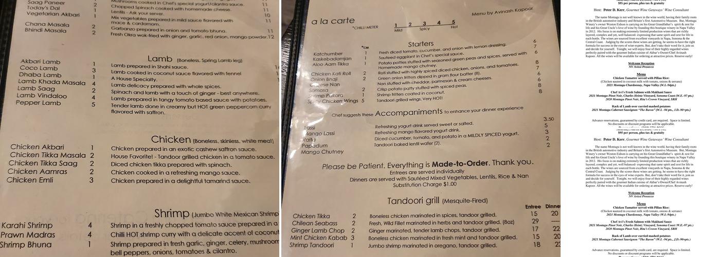 Akbar Cuisine of India Menu