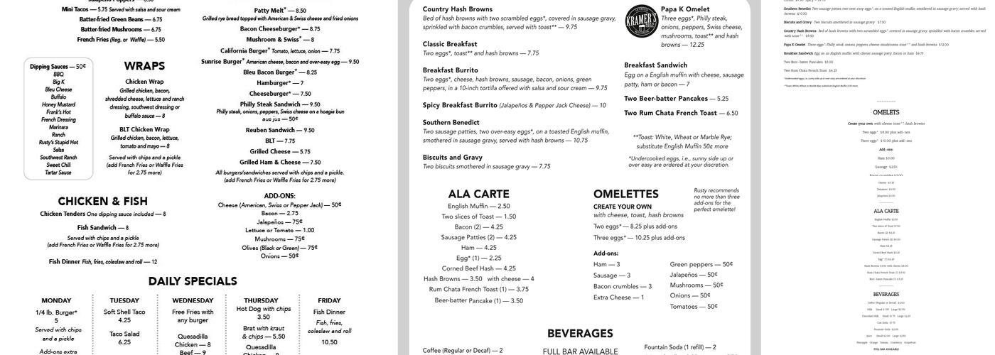 Kramer's Bar & Grill Menu