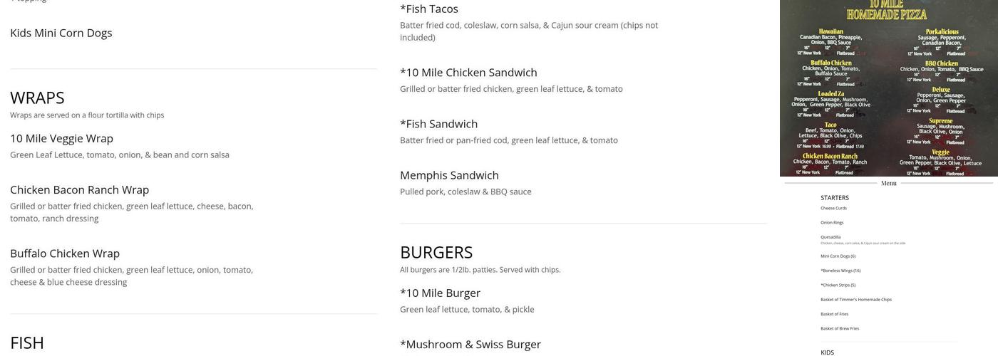 Timmer's 10 Mile Pub Menu