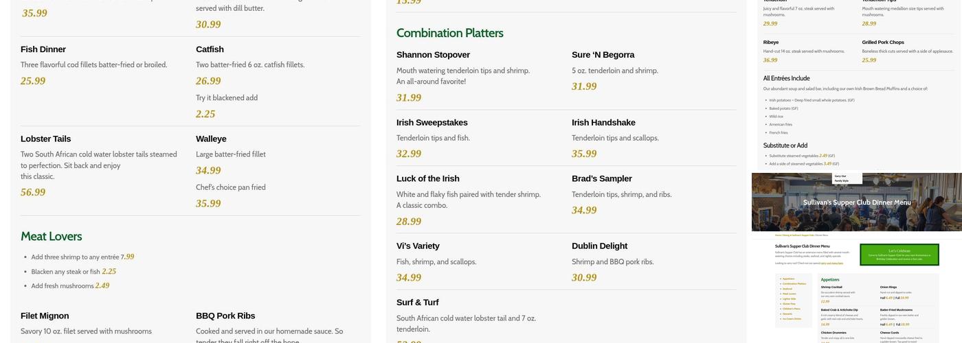 Sullivan's Supper Club Menu