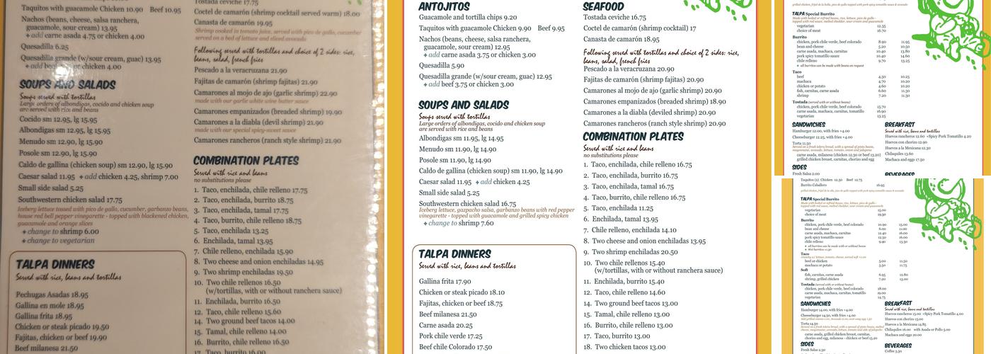 The Talpa Restaurant & Bar Menu