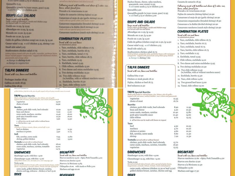 The Talpa Restaurant & Bar Menu