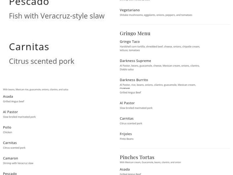 Pinches Tacos Menu
