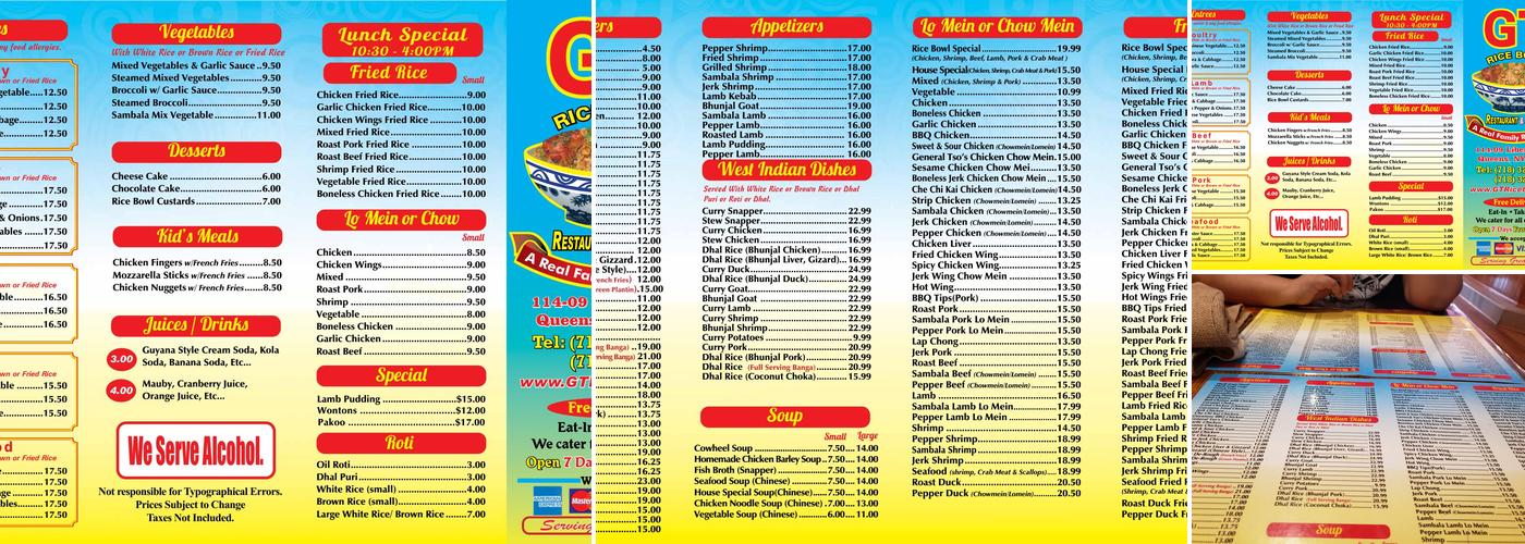 GT Rice Bowl Menu