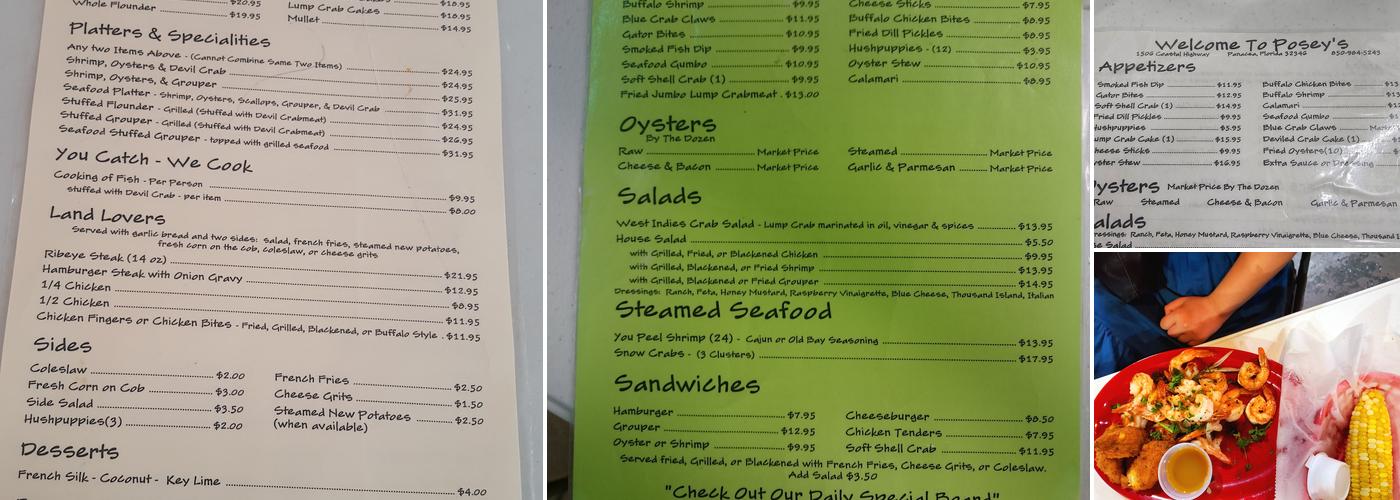 Posey's Up the Creek Steam Room Menu