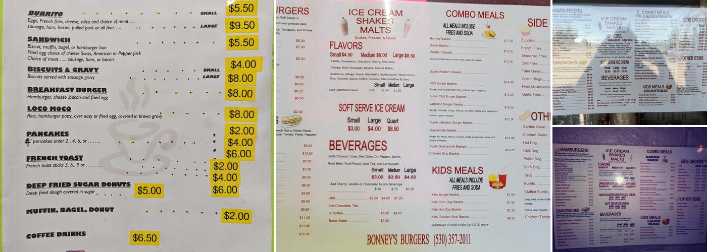 Bonney's Burgers Menu