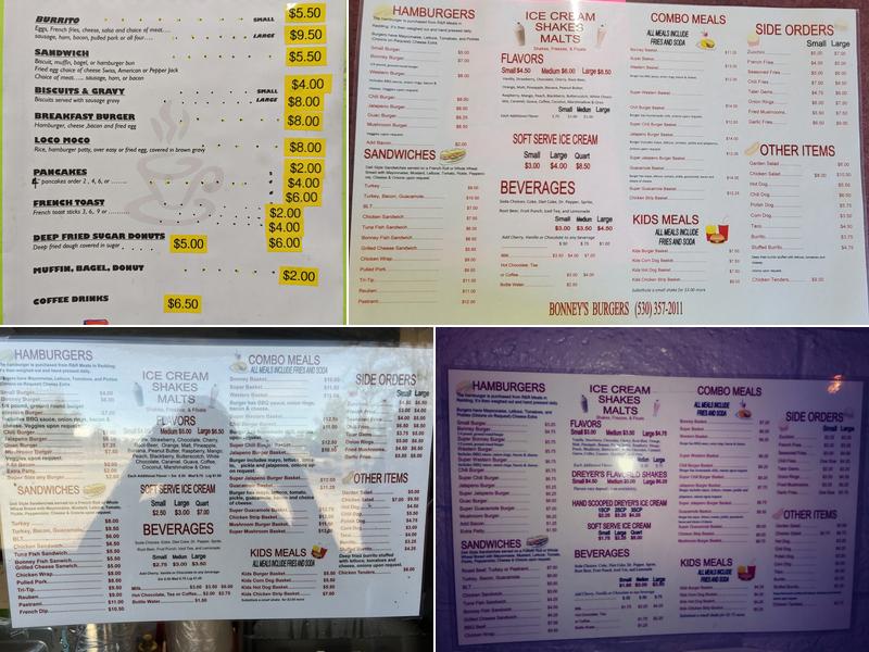 Bonney's Burgers Menu