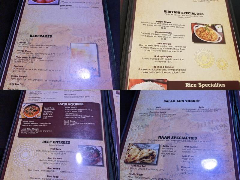 Taj Mahal Indian Cuisine Menu