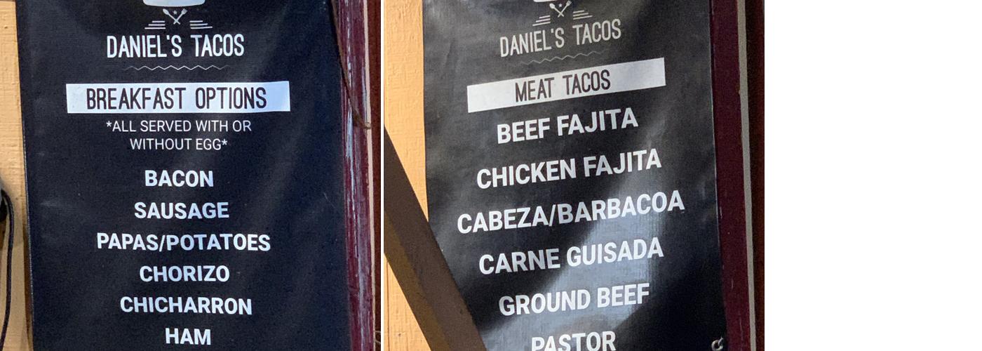 Daniel's Tacos Menu