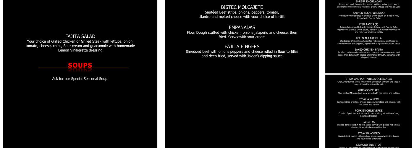 Javier's Cuisine Menu