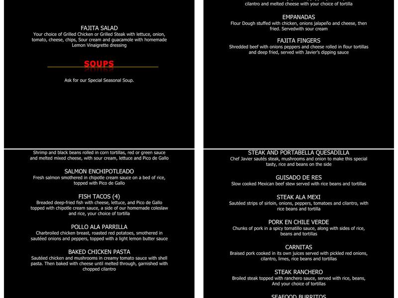Javier's Cuisine Menu