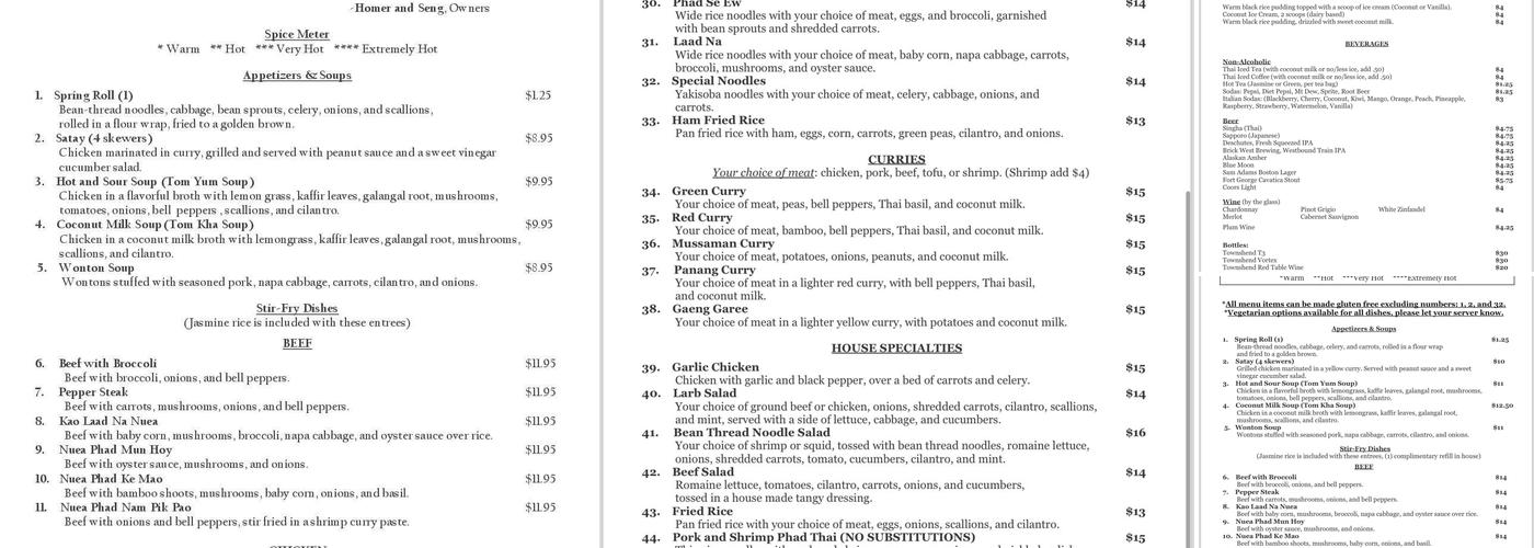 A Taste of Thai Menu