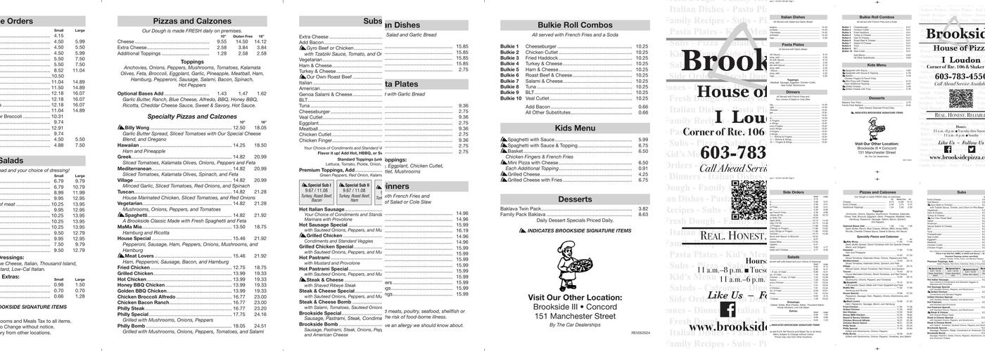 Brookside Pizza Menu