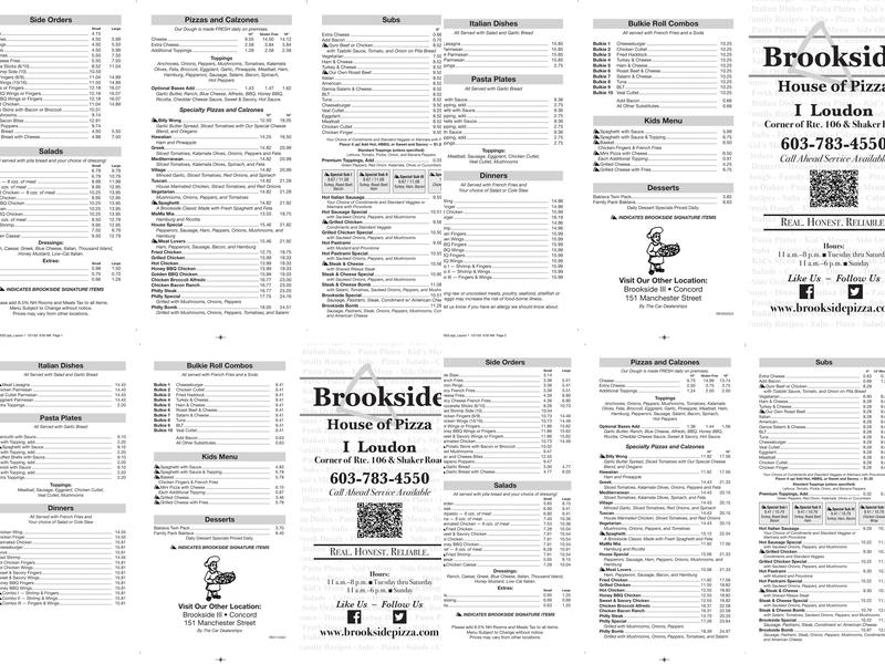 Brookside Pizza Menu