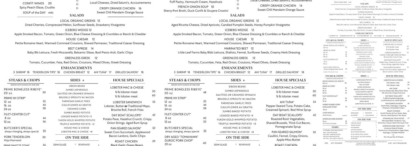 O Steaks & Seafood Menu
