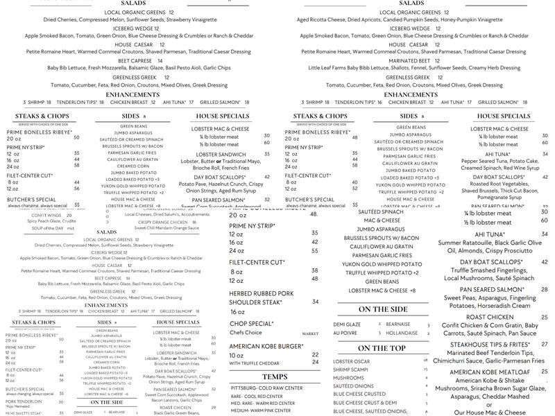 O Steaks & Seafood Menu