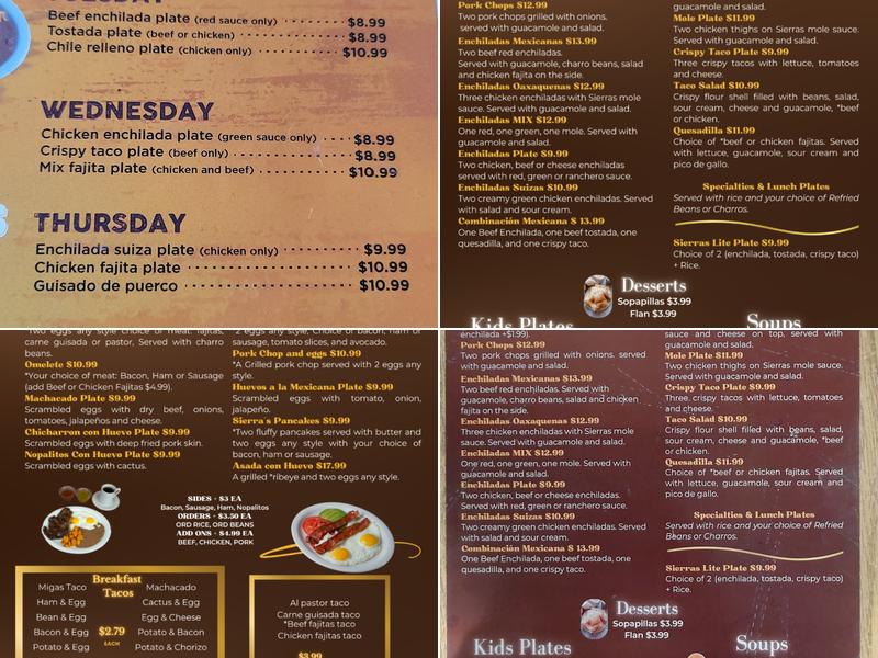 Sierra's Mexican Food Menu