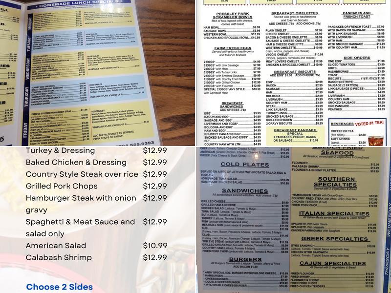 Pressley Park Restaurant Menu