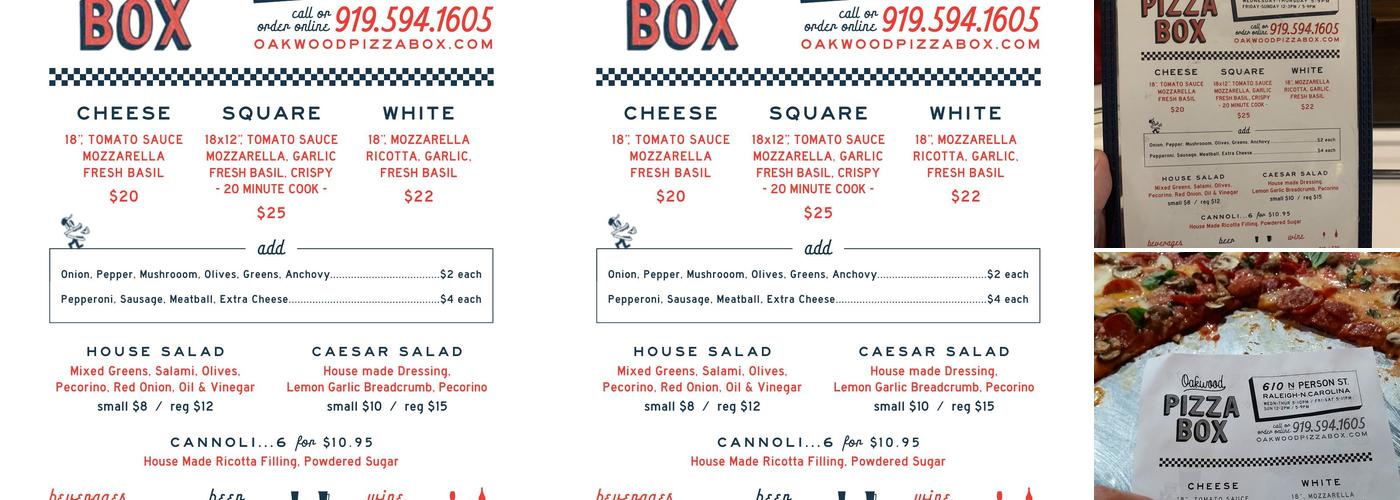Oakwood Pizza Box Menu