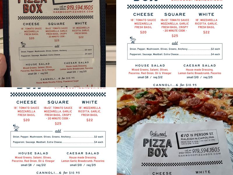 Oakwood Pizza Box Menu