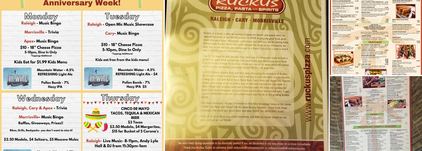 Ruckus Pizza, Pasta and Spirits Menu