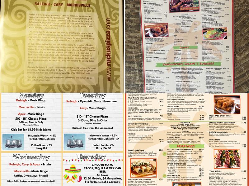 Ruckus Pizza, Pasta and Spirits Menu