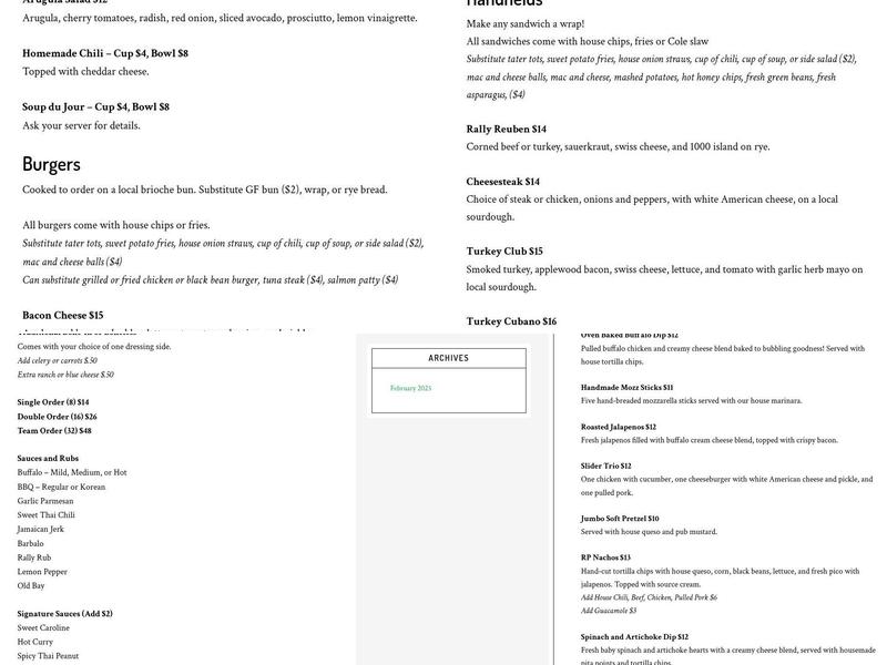 RallyPoint Sport Grill Menu