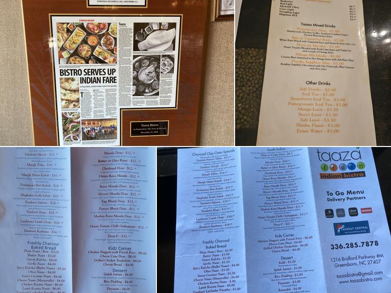 Taaza Bistro Greensboro Menu