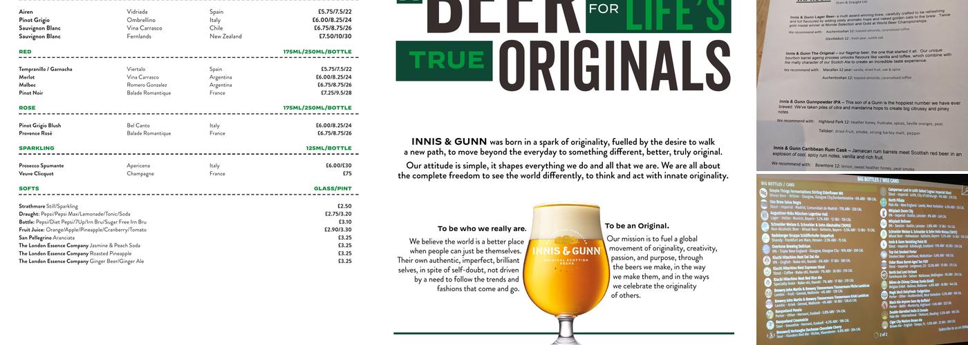 Innis & Gunn Glasgow West End Brewery Taproom Menu