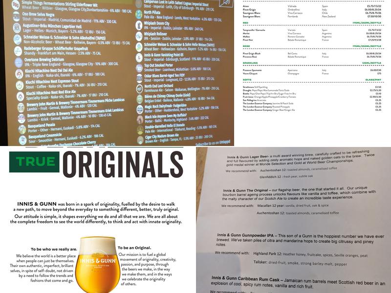 Innis & Gunn Glasgow West End Brewery Taproom Menu