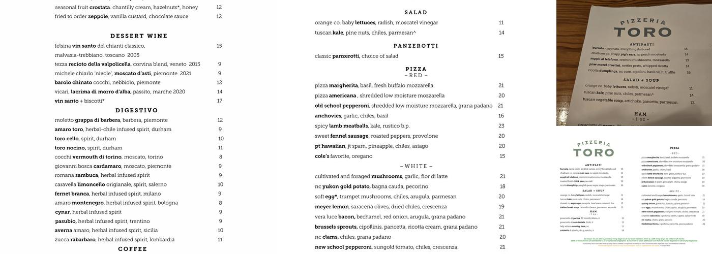 Pizzeria Toro Menu