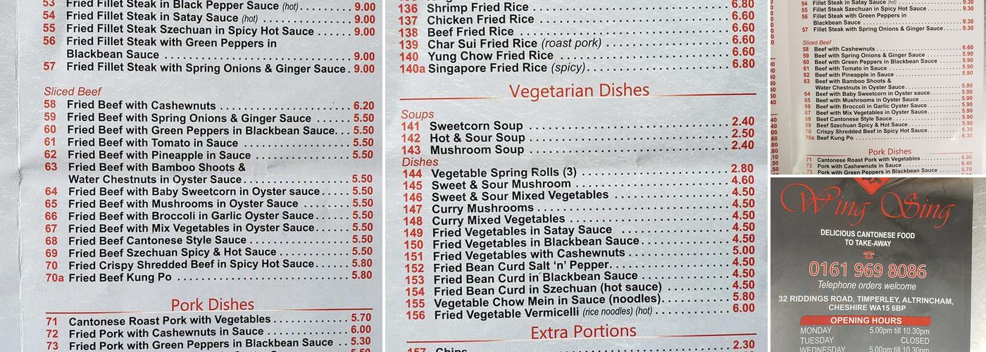 Wing Sing Chinese Takeaway Menu