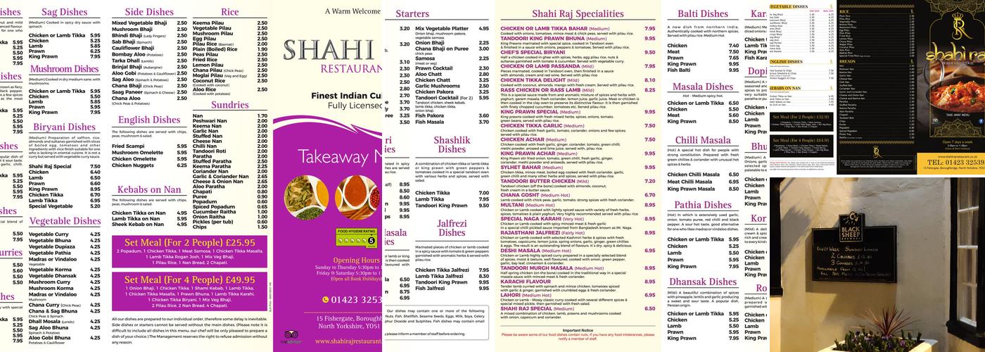 Shahi Raj Indian Restaurant Menu
