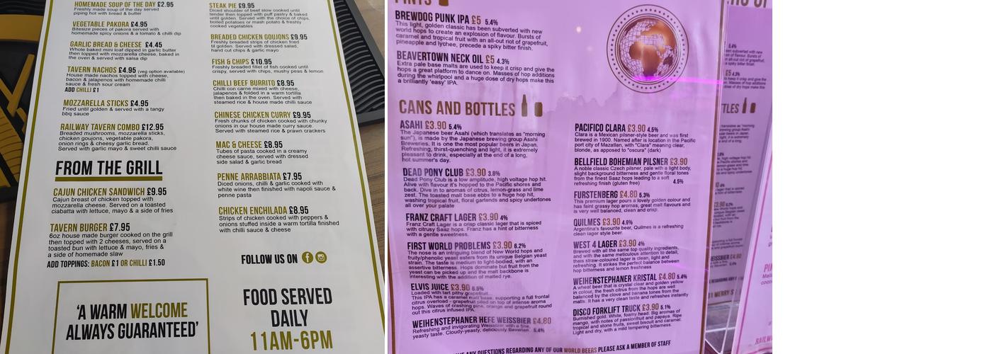 The Railway Tavern Menu