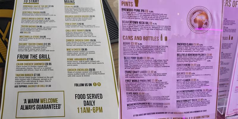 The Railway Tavern Menu