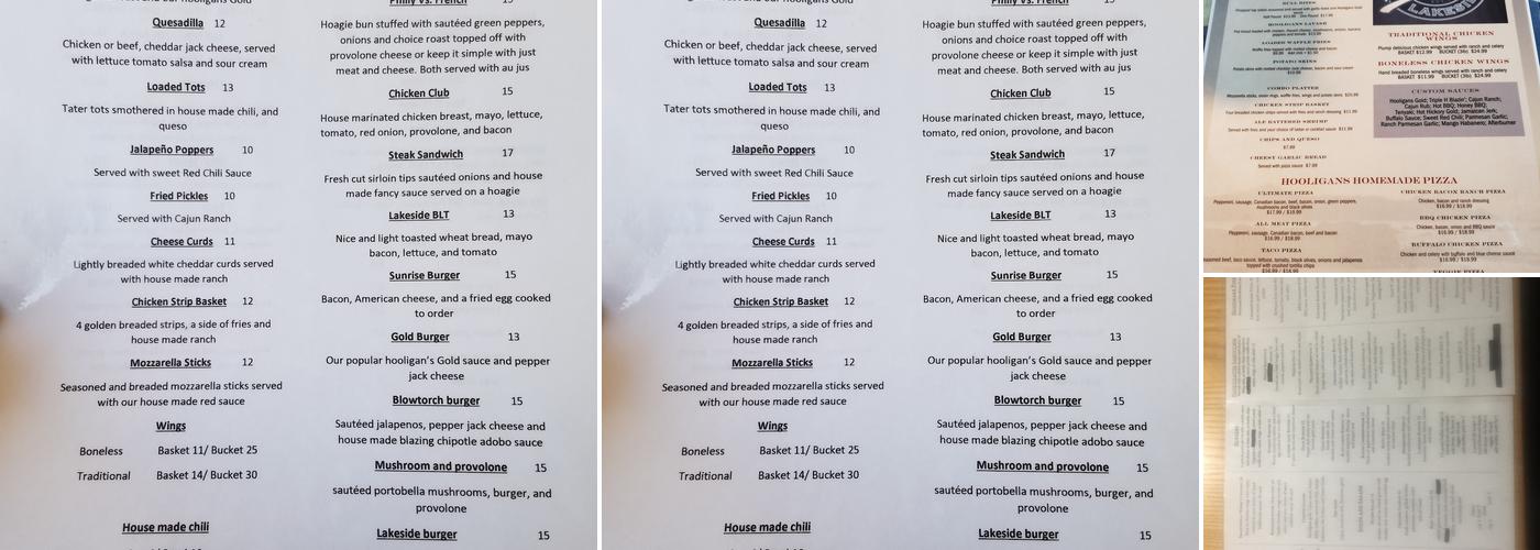 Hooligans Lakeside Menu