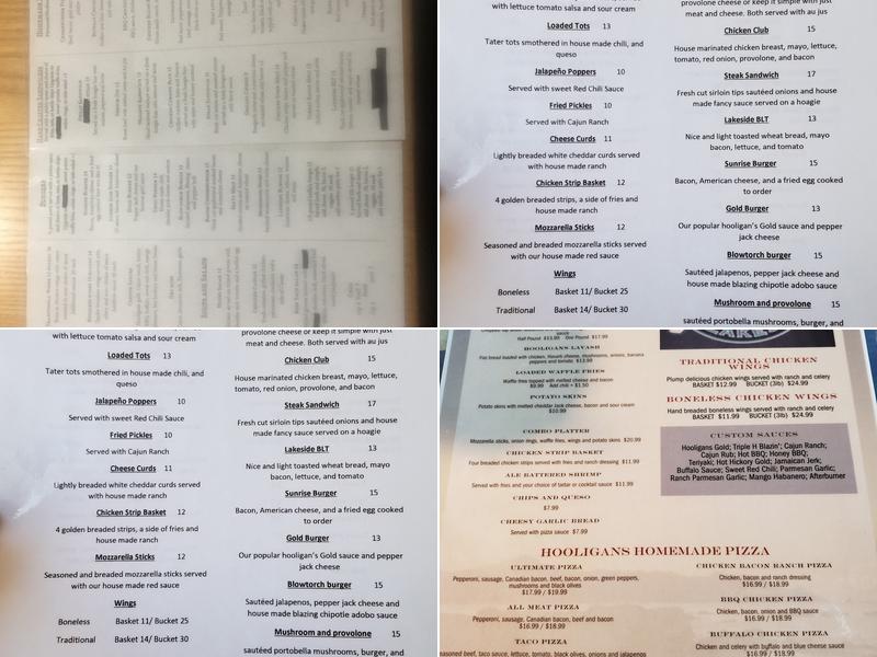Hooligans Lakeside Menu