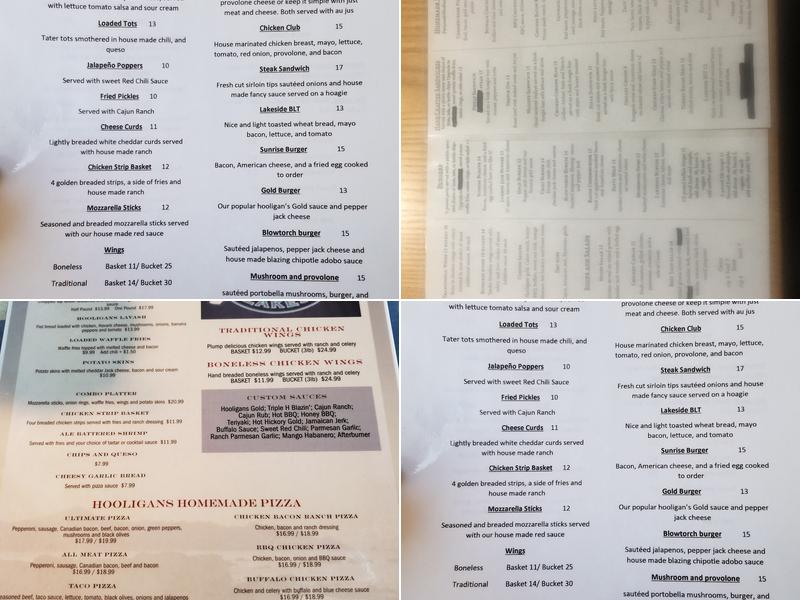 Hooligans Lakeside Menu