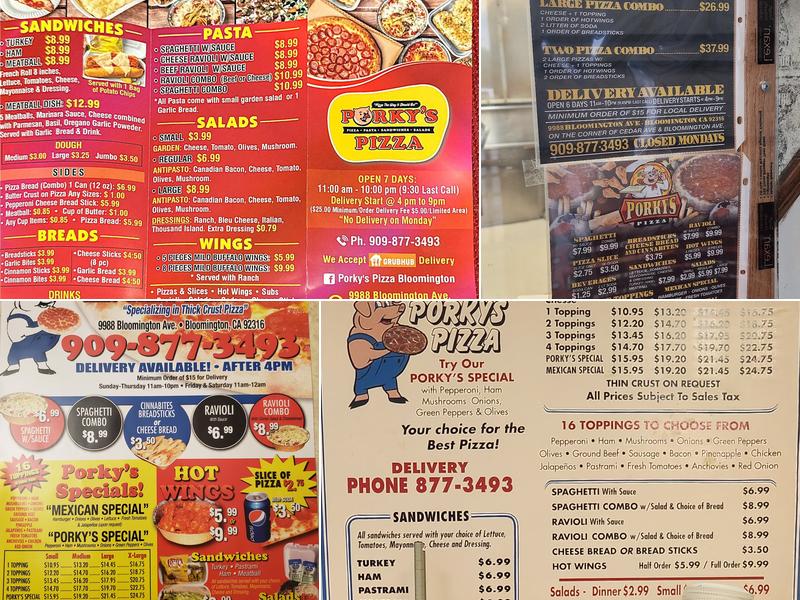Porky's Pizza Menu