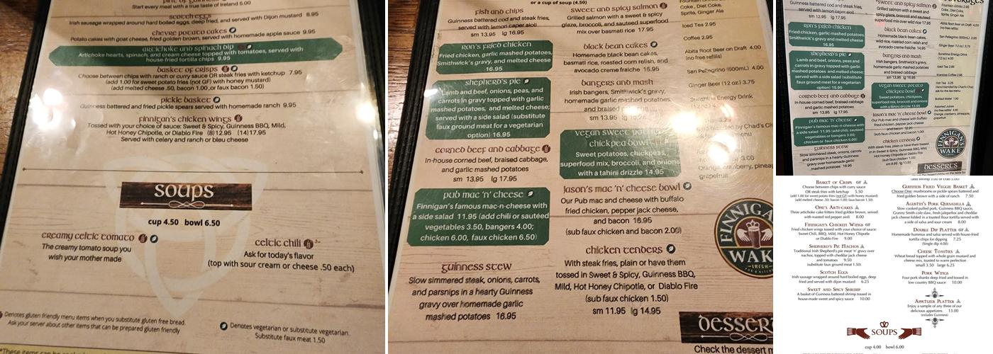 Finnigan's Wake Menu