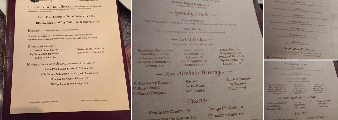 Arigato Japanese Steak & Seafood House Menu