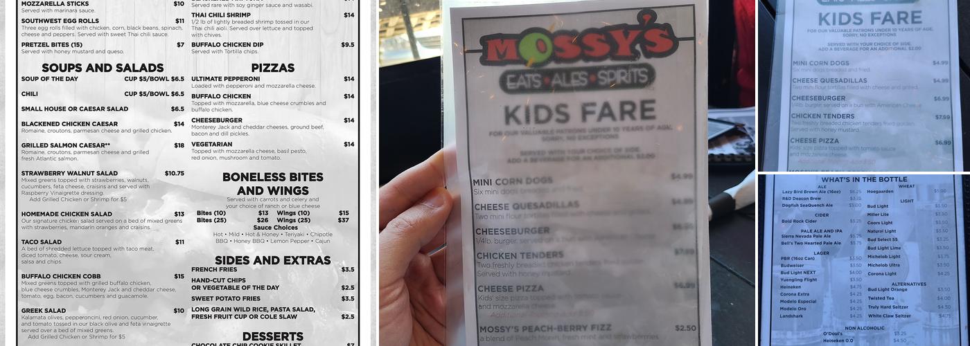 Mossy's Eats Ales Spirits Menu