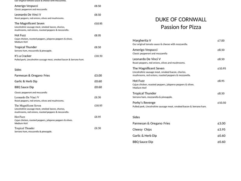Duke Of Cornwall Menu
