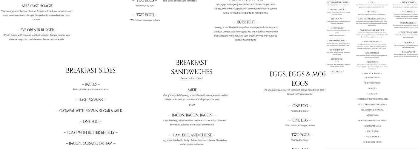 MaryBill’s Cafe Menu