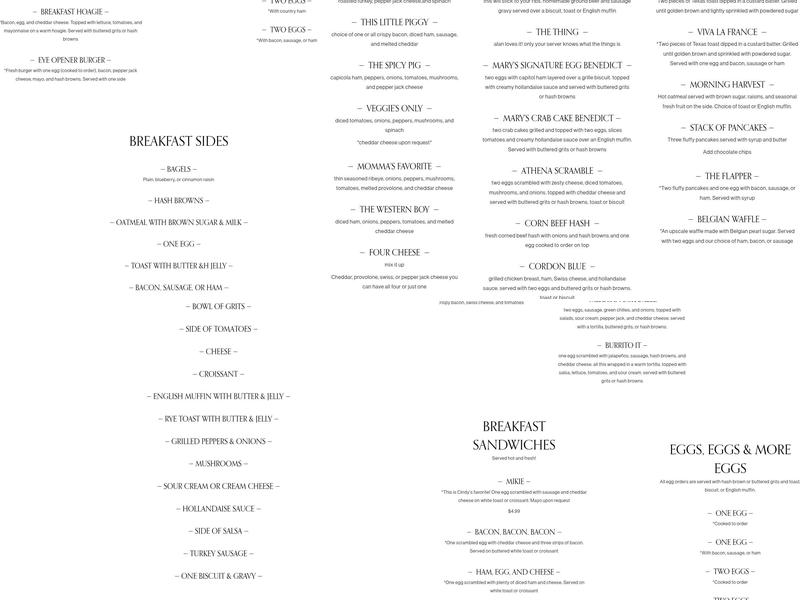 MaryBill’s Cafe Menu