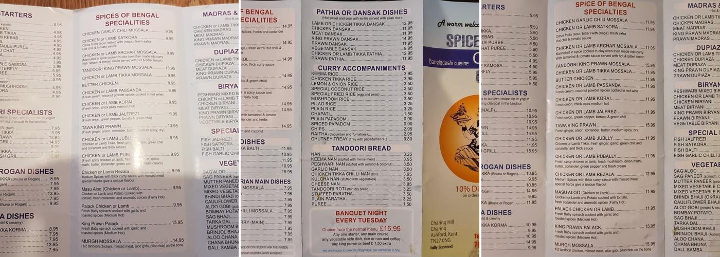 The Spices of Bengal Menu