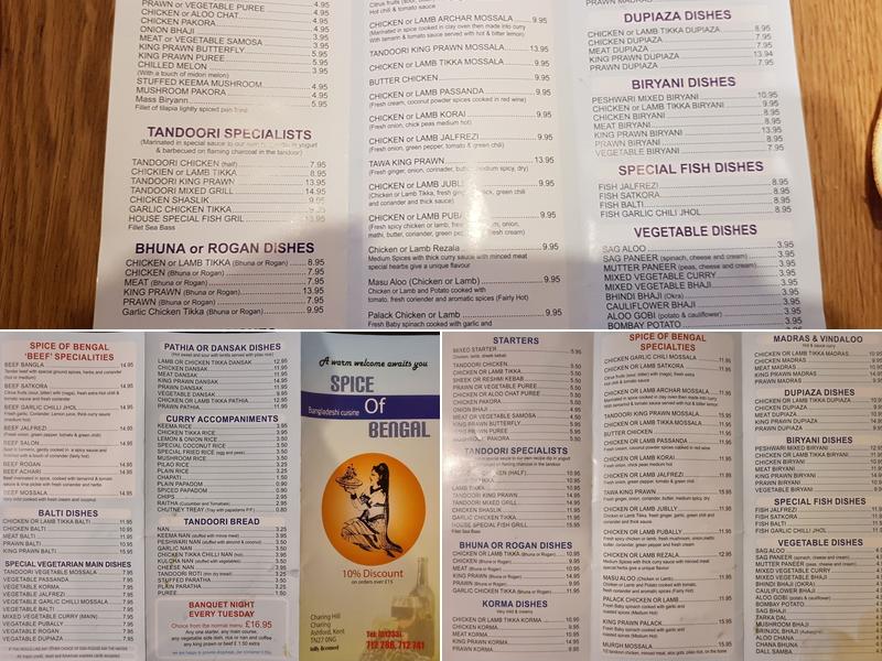 The Spices of Bengal Menu